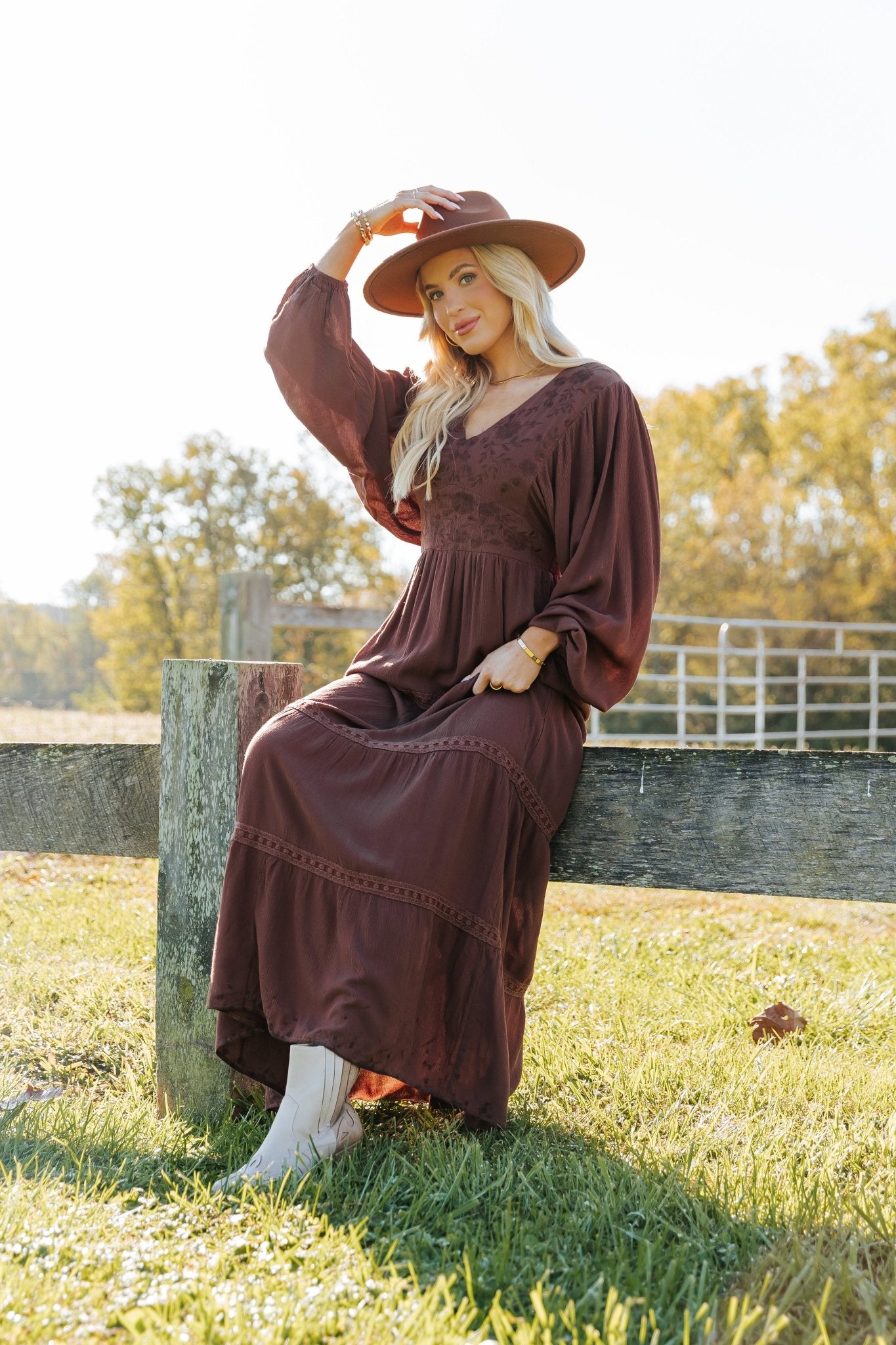 Brown V Neck Embroidered Maxi Dress - Magnolia Boutique