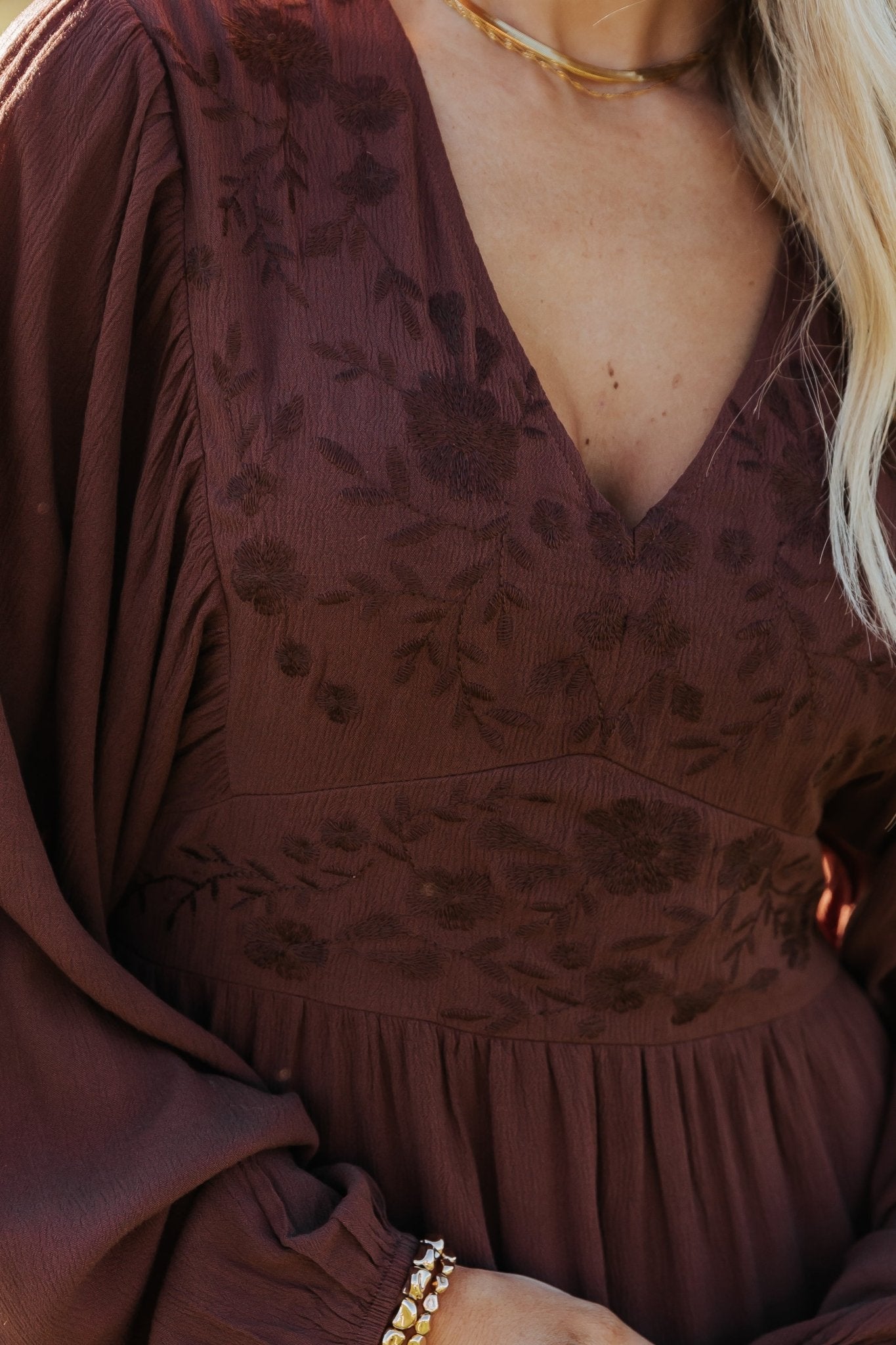 Brown V Neck Embroidered Maxi Dress - Magnolia Boutique