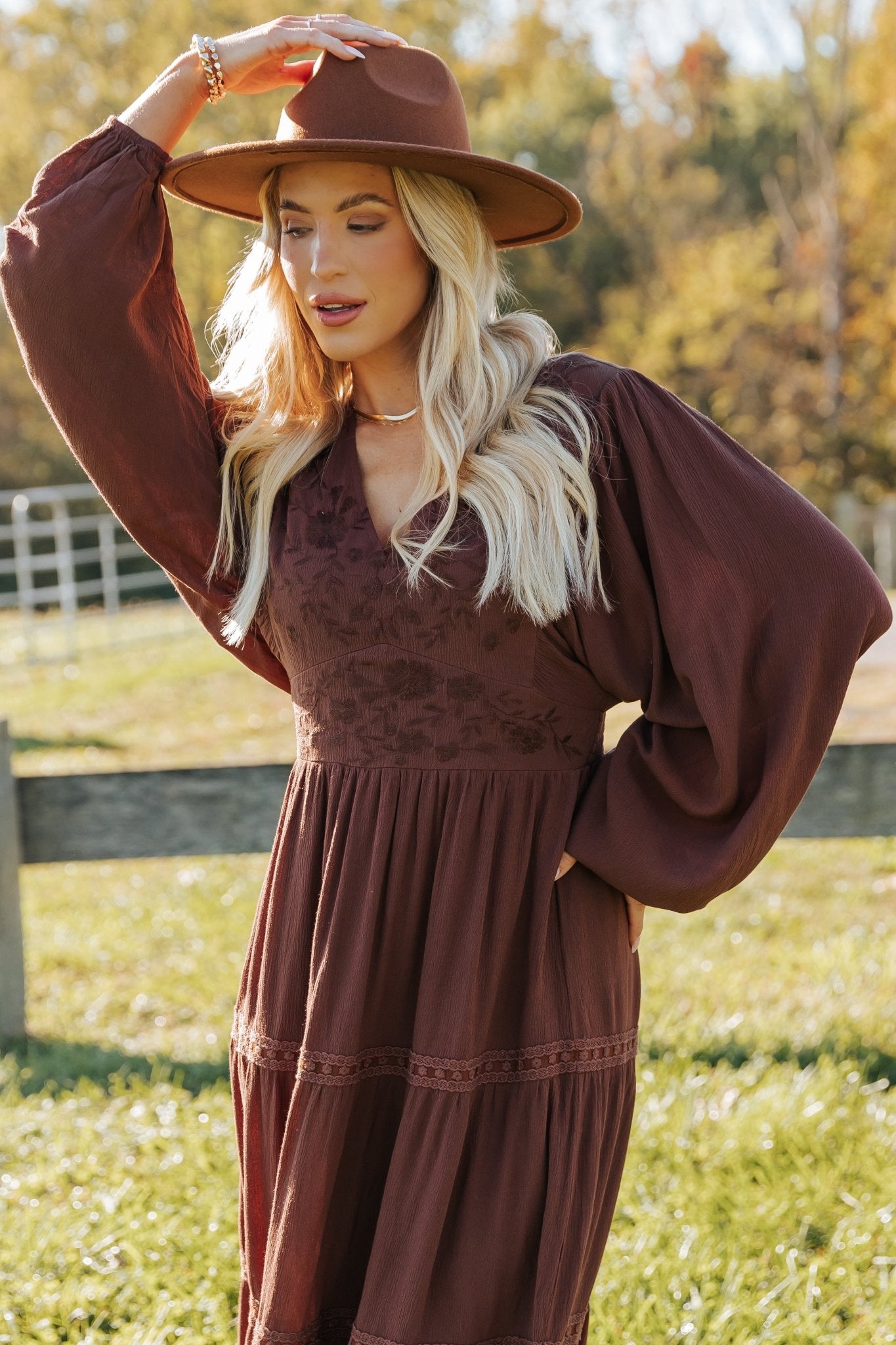 Brown V Neck Embroidered Maxi Dress - Magnolia Boutique