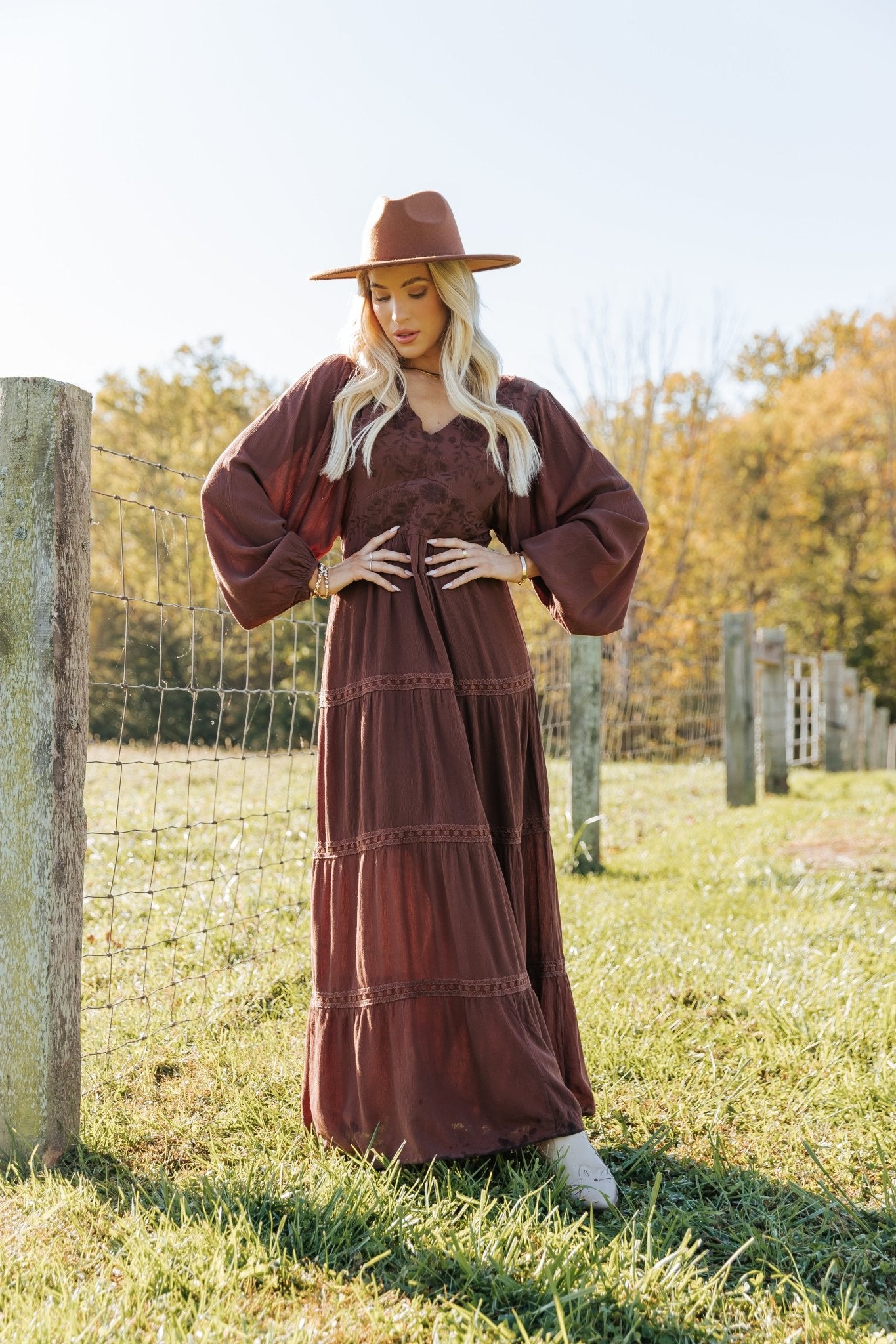 Brown V Neck Embroidered Maxi Dress - Magnolia Boutique