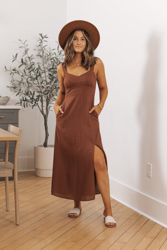 Brown V Neck Linen Midi Dress - Magnolia Boutique