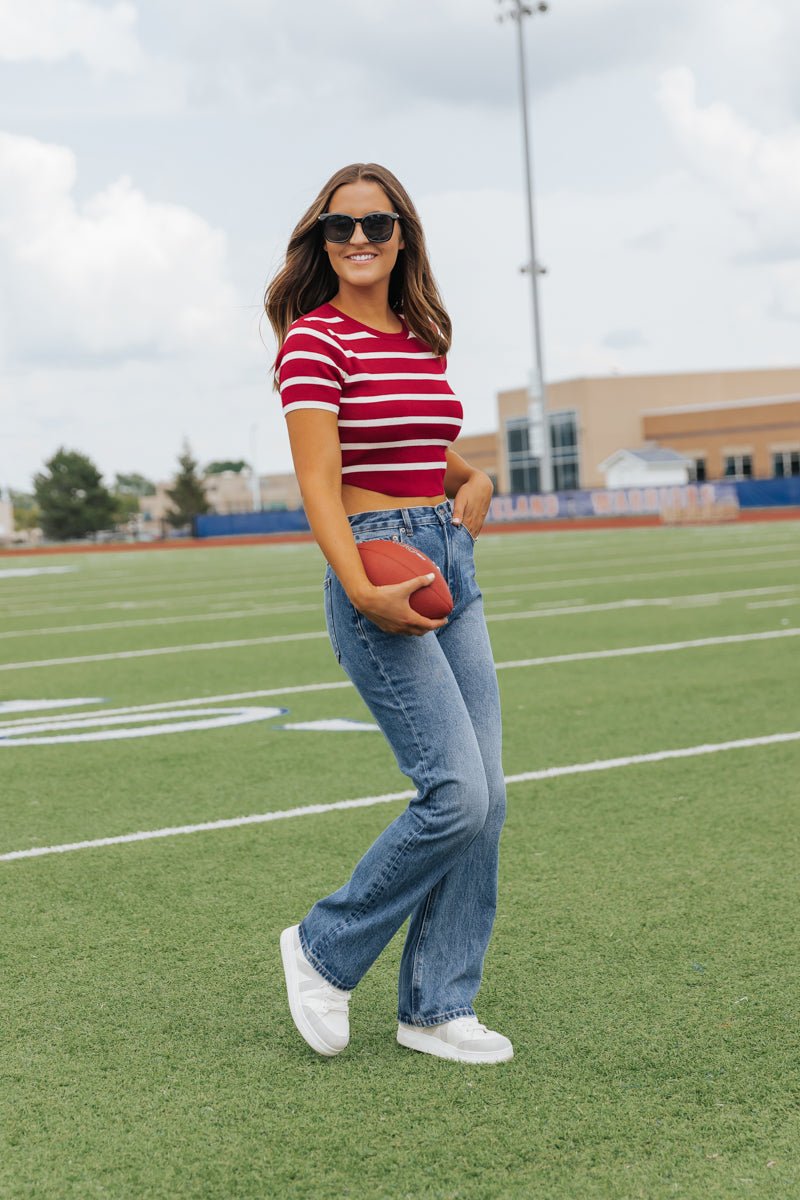 Burgundy and White Striped Cropped Sweater - Magnolia Boutique