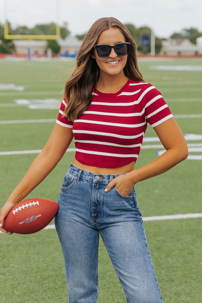 Burgundy and White Striped Cropped Sweater - Magnolia Boutique