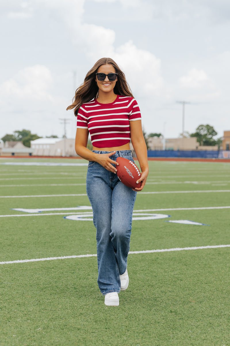 Burgundy and White Striped Cropped Sweater - Magnolia Boutique