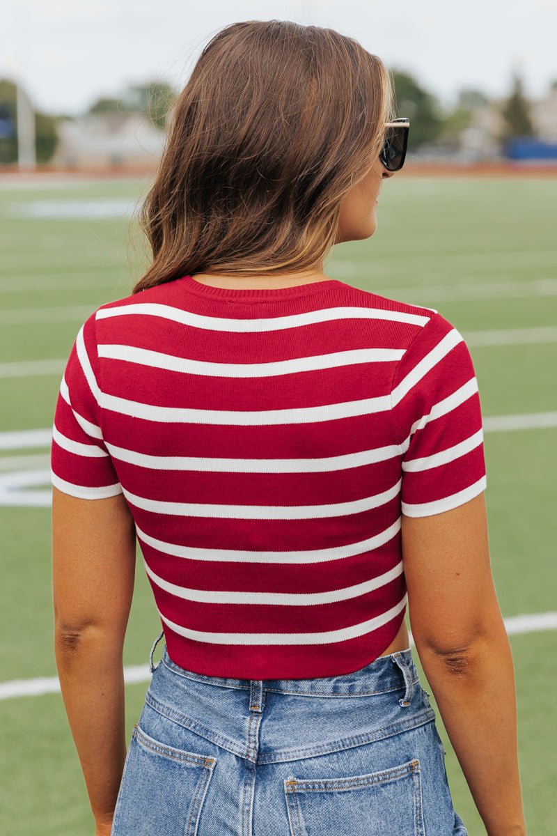 Burgundy and White Striped Cropped Sweater - Magnolia Boutique