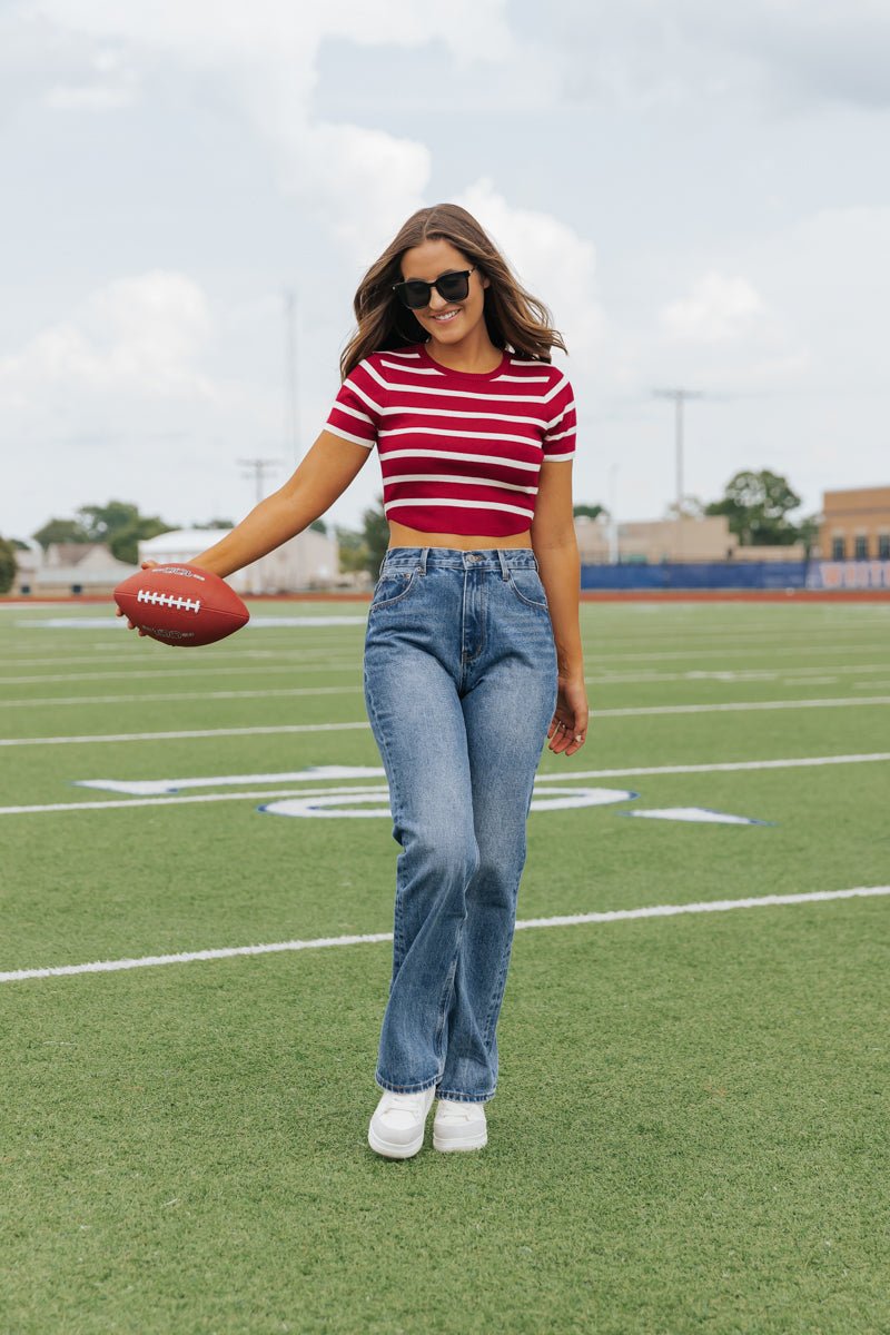 Burgundy and White Striped Cropped Sweater - Magnolia Boutique