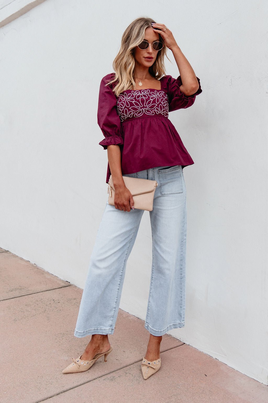 Burgundy Floral Print Textured Blouse - Magnolia Boutique