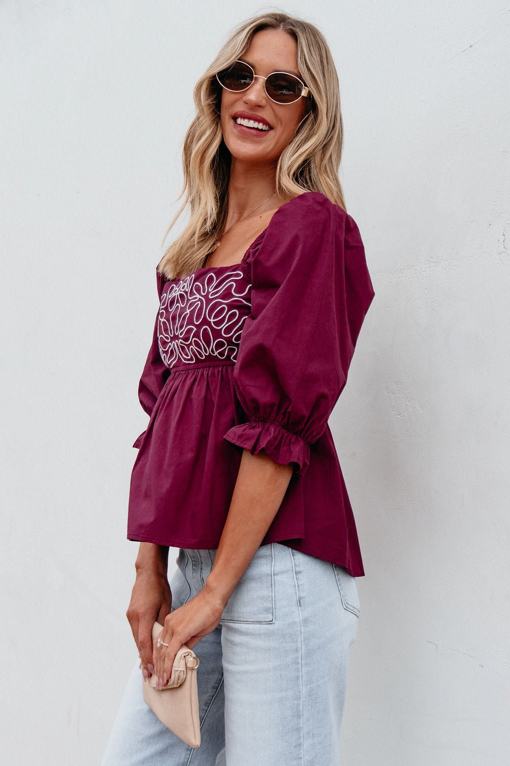 Burgundy Floral Print Textured Blouse - Magnolia Boutique