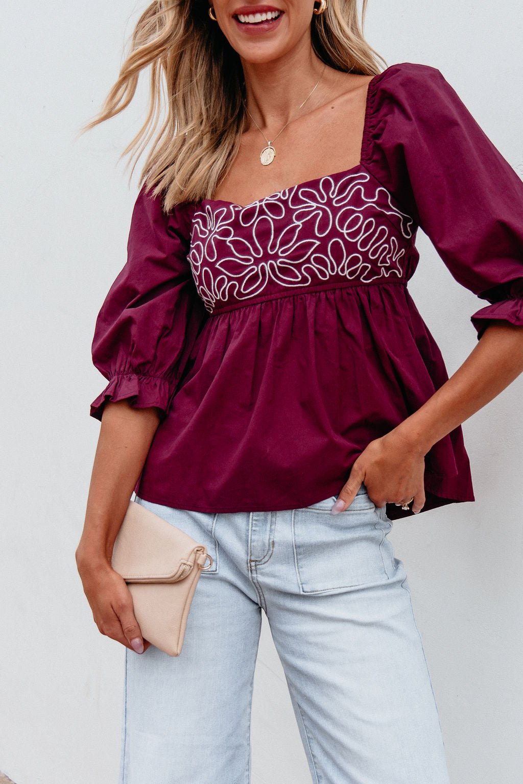 Burgundy Floral Print Textured Blouse - Magnolia Boutique