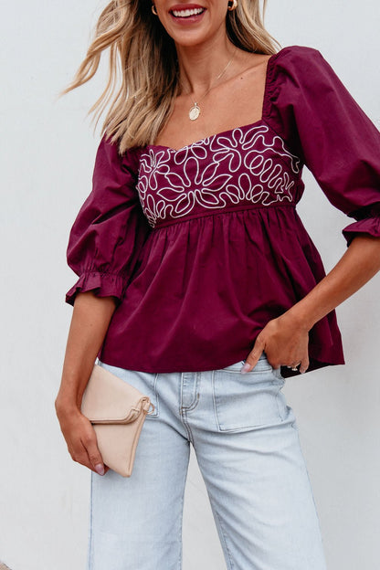 Burgundy Floral Print Textured Blouse - Magnolia Boutique