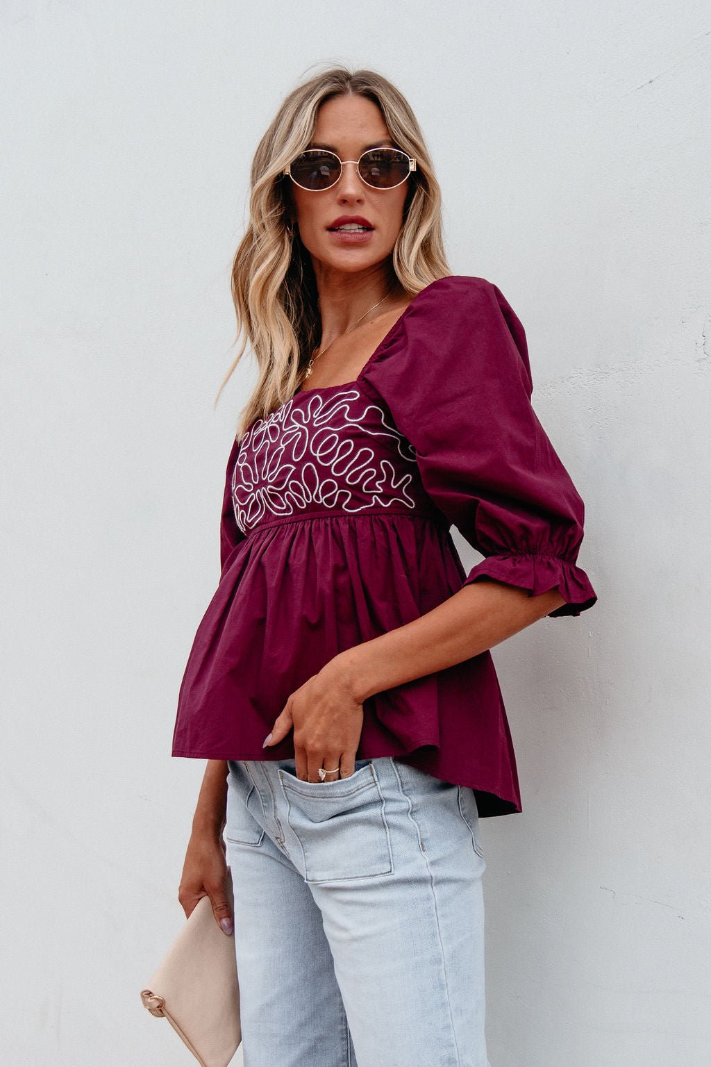 Burgundy Floral Print Textured Blouse - Magnolia Boutique