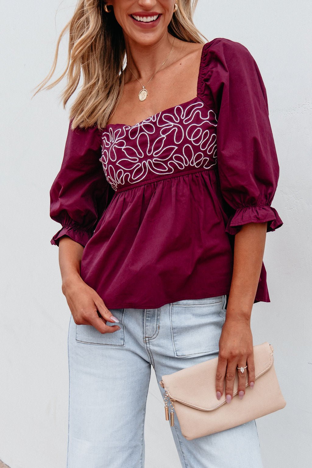 Burgundy Floral Print Textured Blouse - Magnolia Boutique