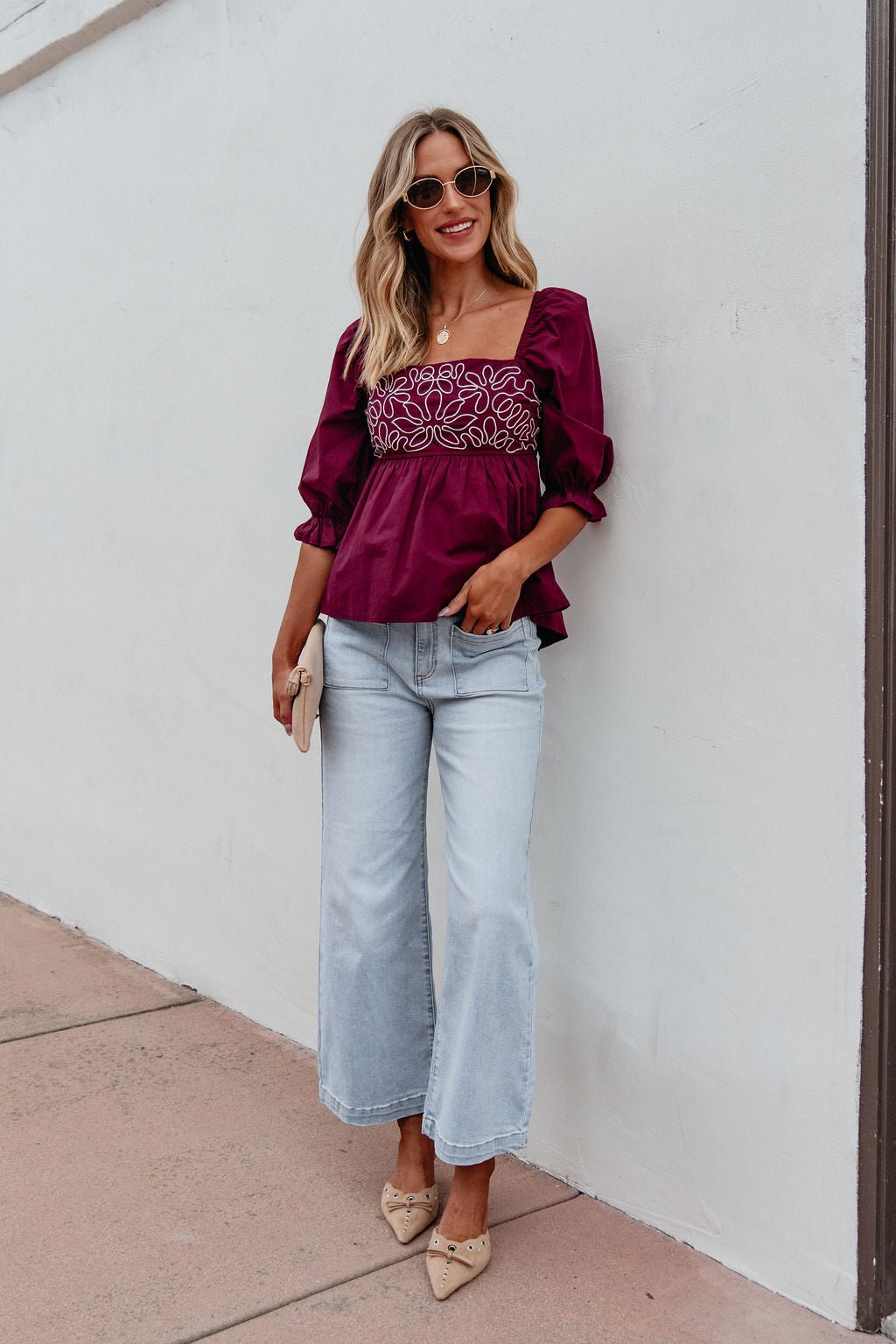 Burgundy Floral Print Textured Blouse - Magnolia Boutique