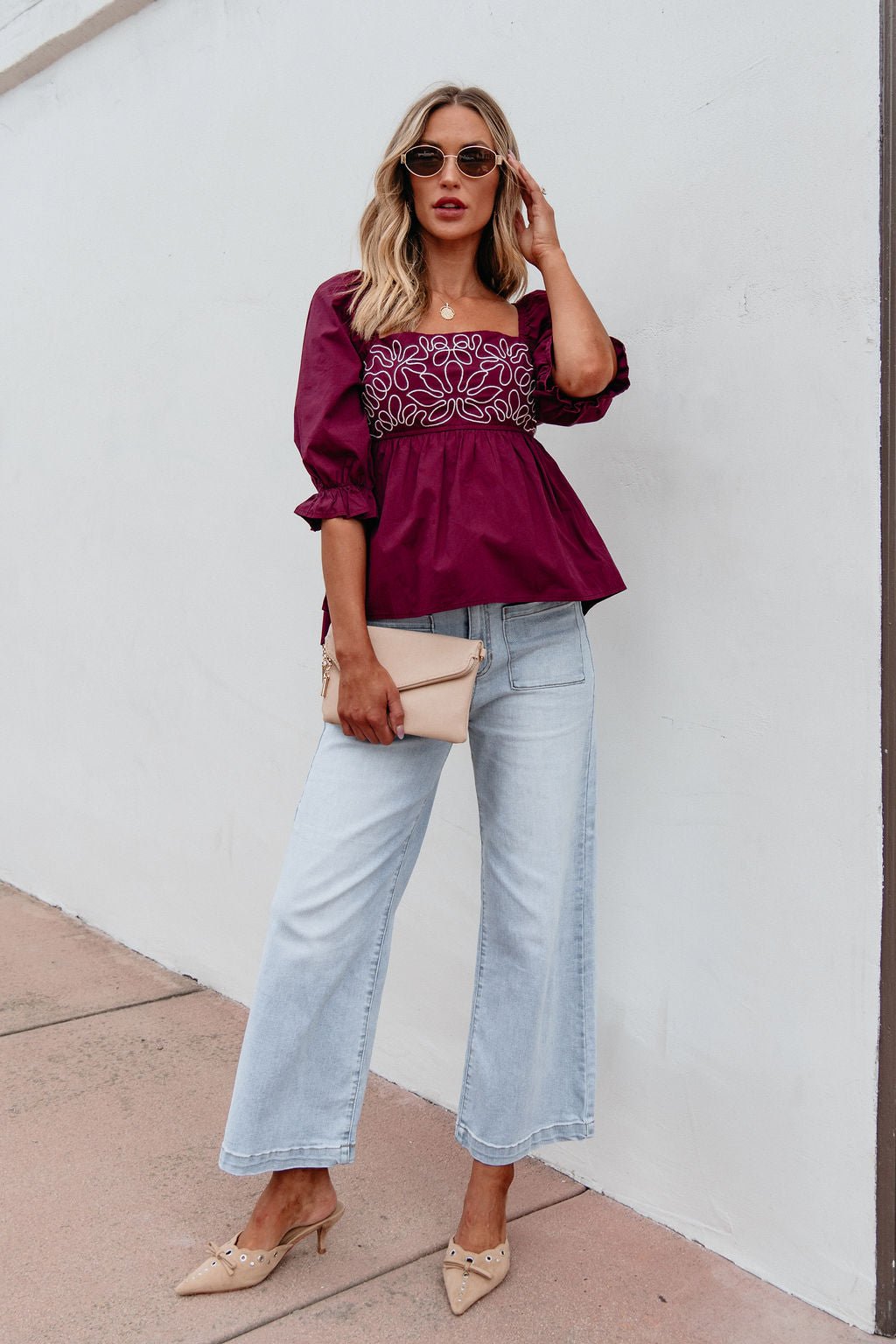 Burgundy Floral Print Textured Blouse - Magnolia Boutique