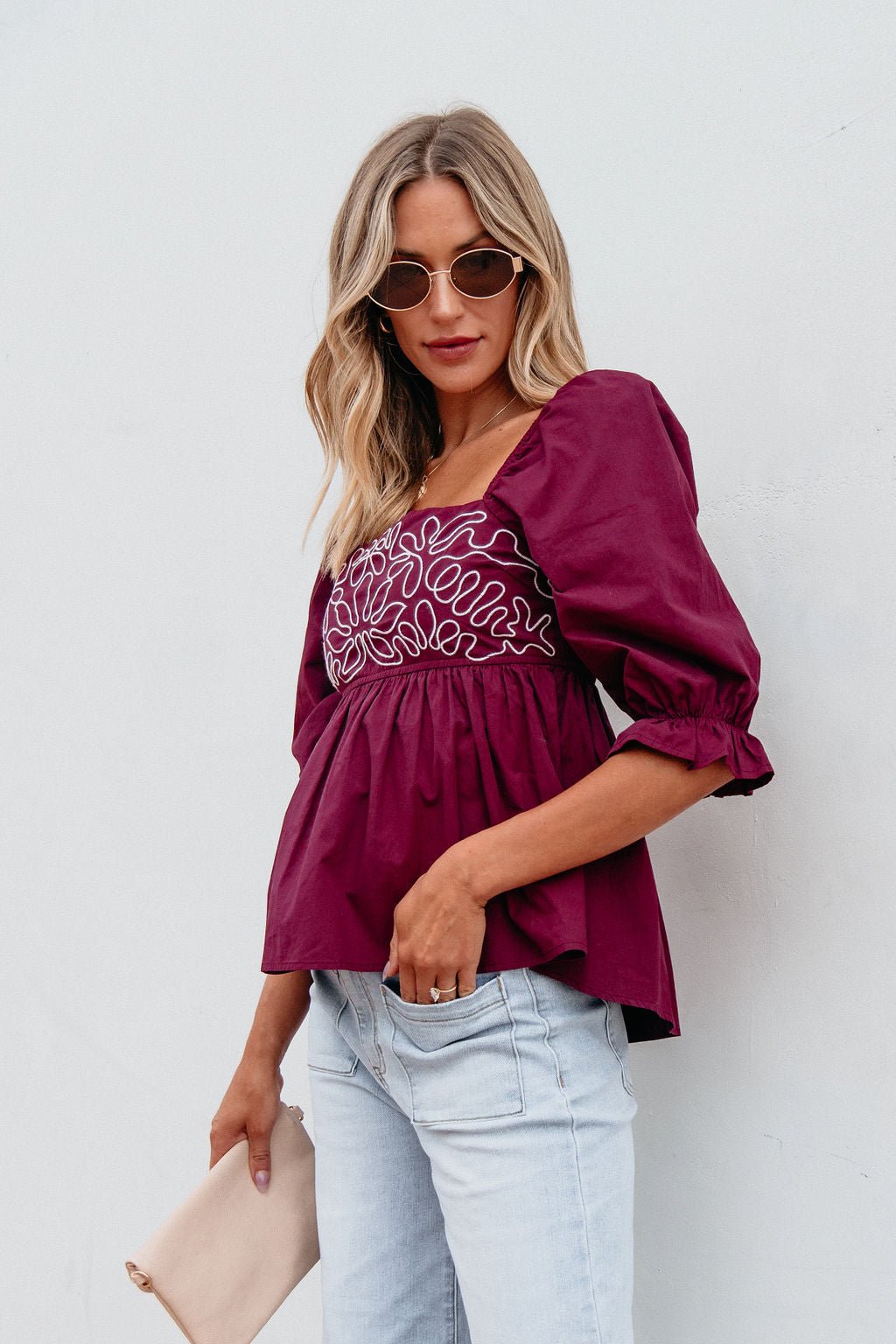 Burgundy Floral Print Textured Blouse - Magnolia Boutique