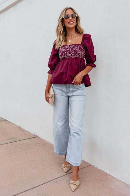 Burgundy Floral Print Textured Blouse - Magnolia Boutique