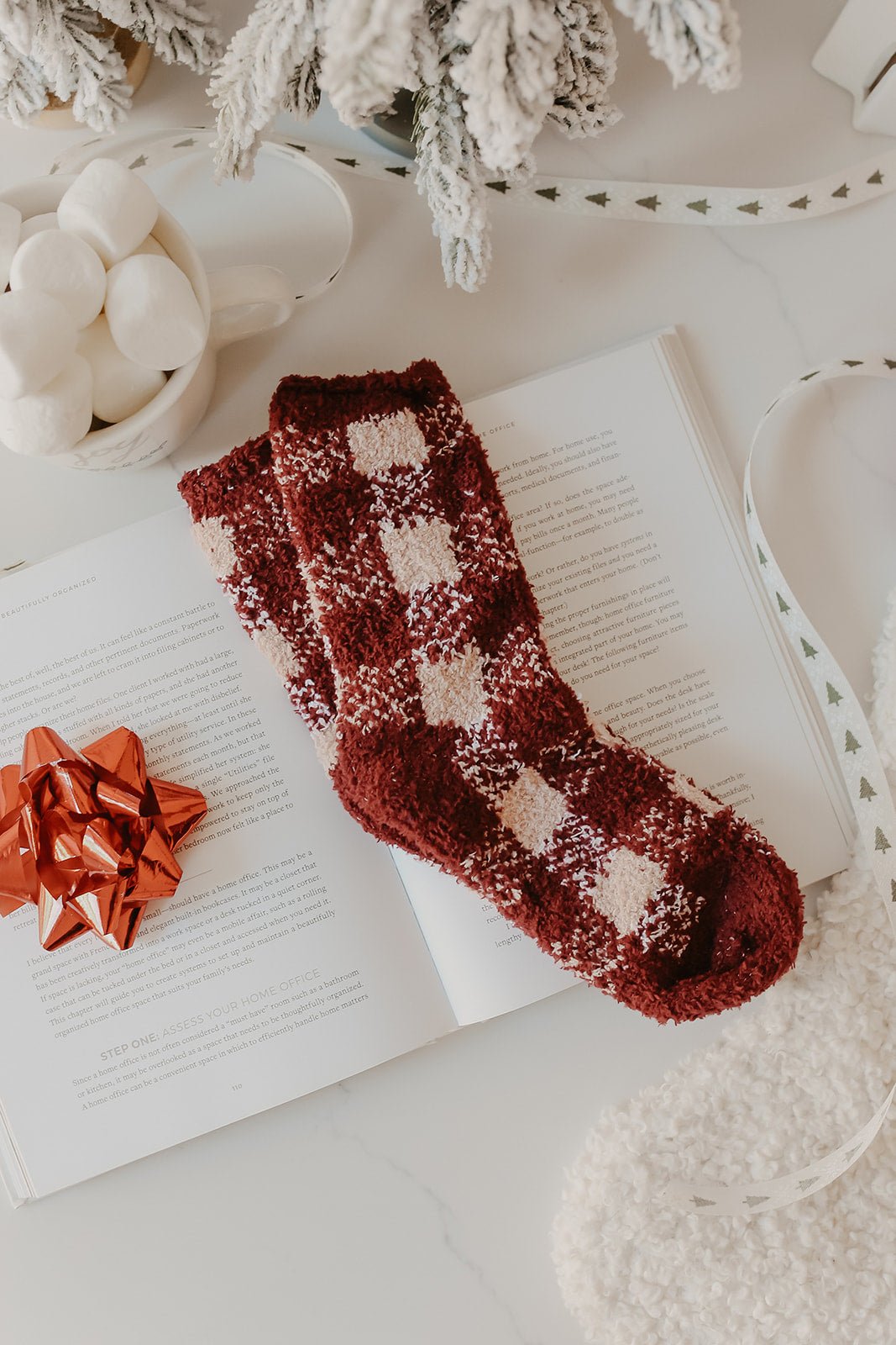 Burgundy Gingham Plaid Fuzzy Socks - Magnolia Boutique