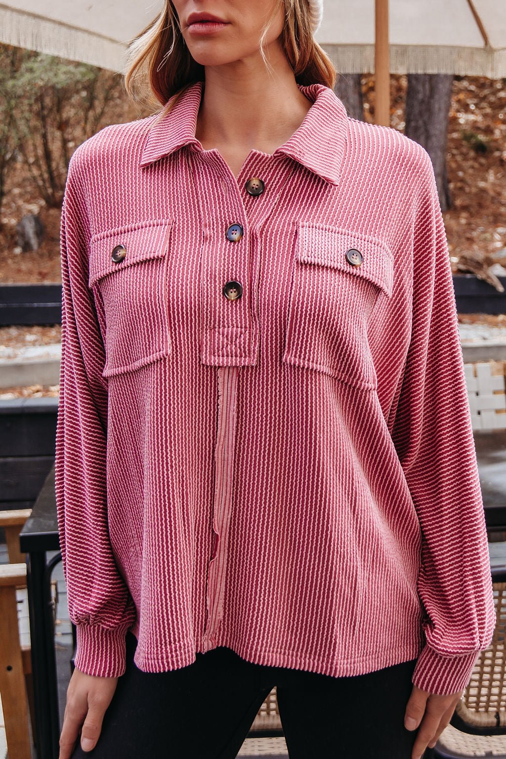 Burgundy Half Button Up Ribbed Pullover - Magnolia Boutique