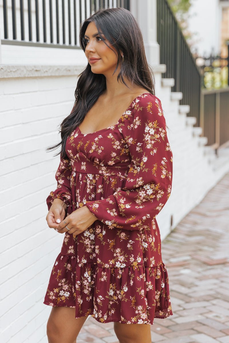 Burgundy Multi Print Long Sleeve Mini Dress - Magnolia Boutique