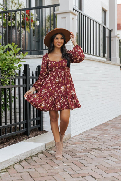 Burgundy Multi Print Long Sleeve Mini Dress - Magnolia Boutique