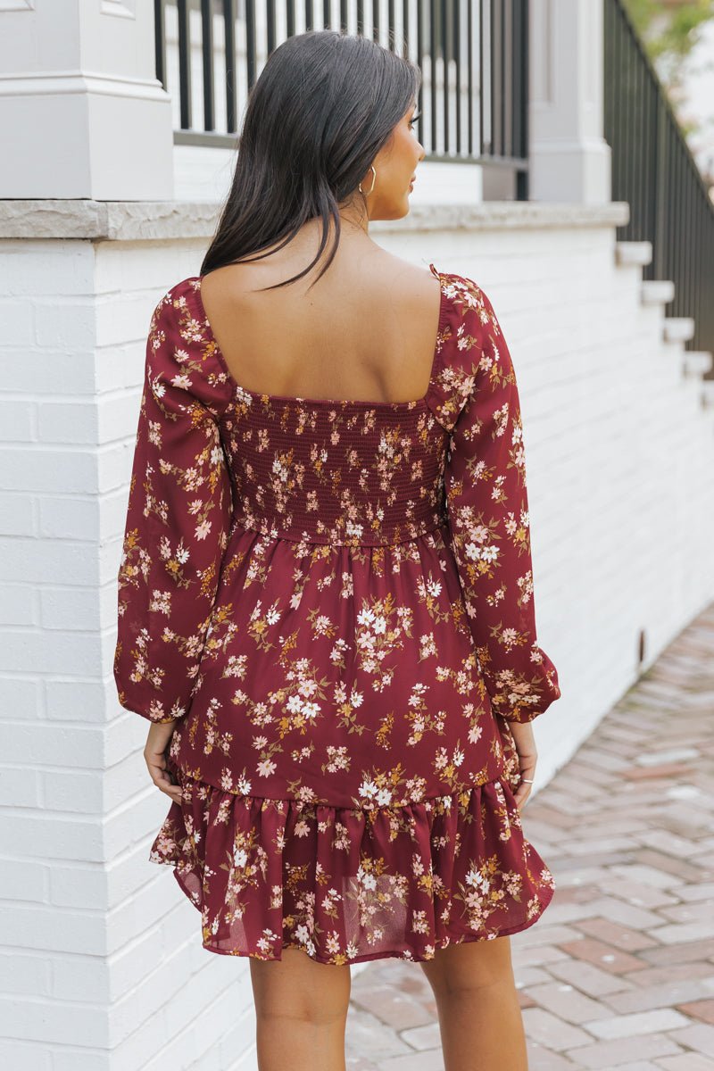 Burgundy Multi Print Long Sleeve Mini Dress - Magnolia Boutique