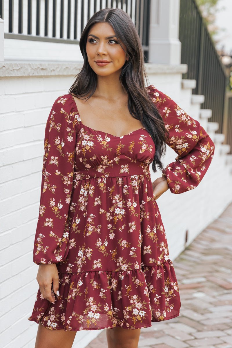 Burgundy Multi Print Long Sleeve Mini Dress - Magnolia Boutique