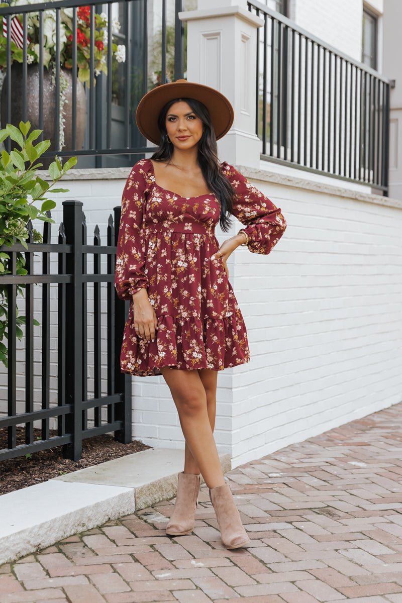 Burgundy Multi Print Long Sleeve Mini Dress - Magnolia Boutique