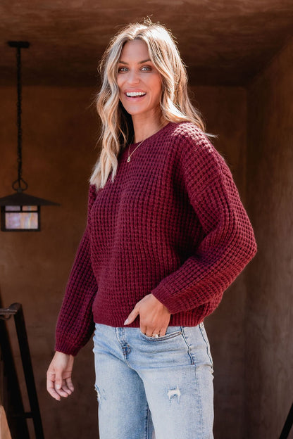 Burgundy Ribbed Waffle Knit Sweater - Magnolia Boutique