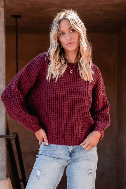 Burgundy Ribbed Waffle Knit Sweater - Magnolia Boutique