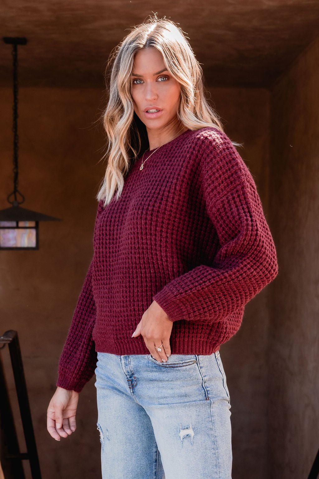 Burgundy Ribbed Waffle Knit Sweater - Magnolia Boutique