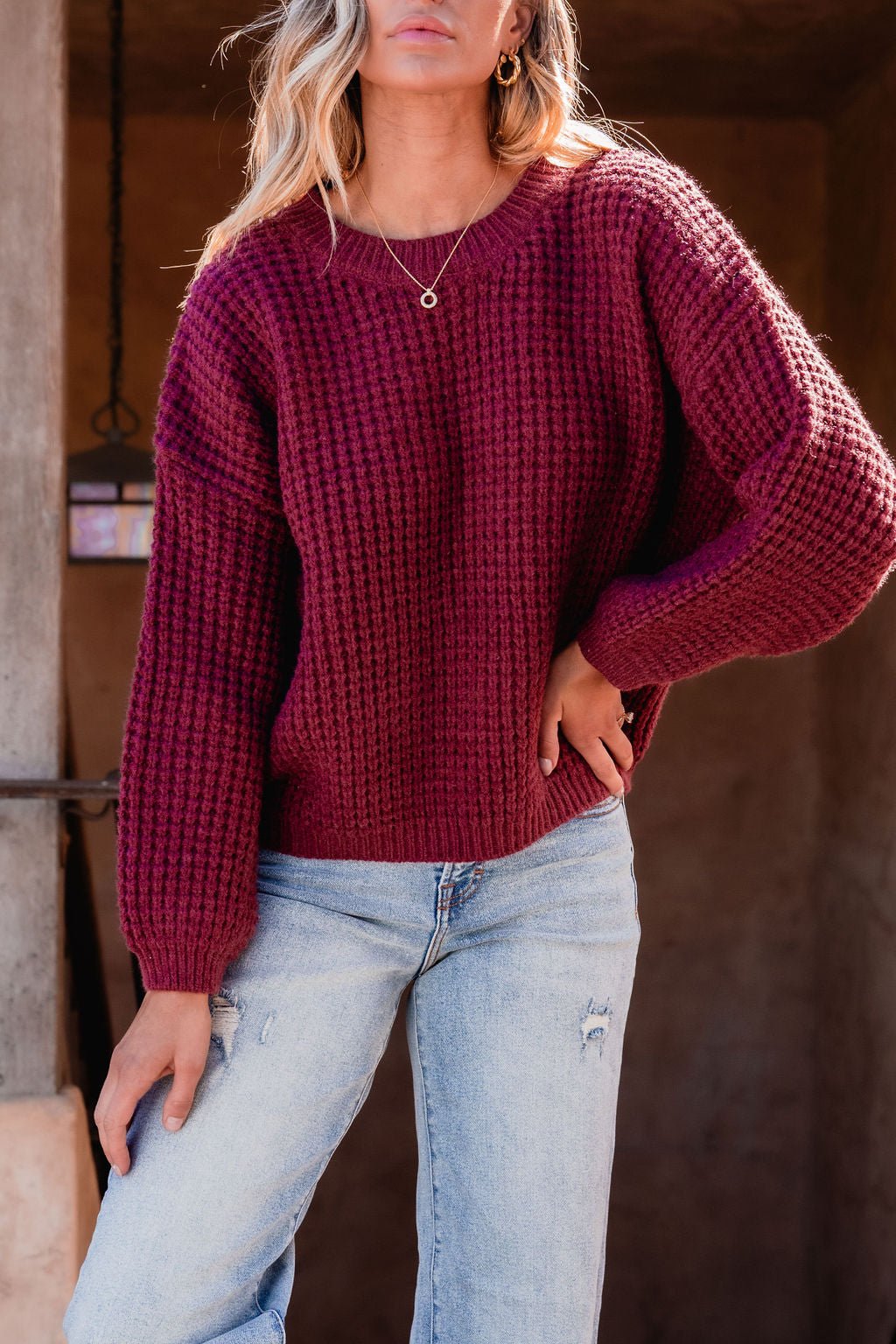 Burgundy Ribbed Waffle Knit Sweater - Magnolia Boutique