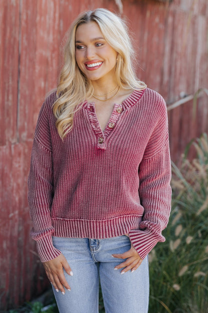 Burgundy Washed Henley Sweater - Magnolia Boutique