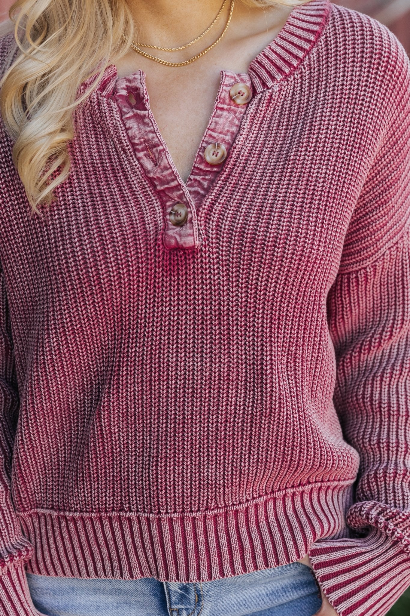 Burgundy Washed Henley Sweater - Magnolia Boutique