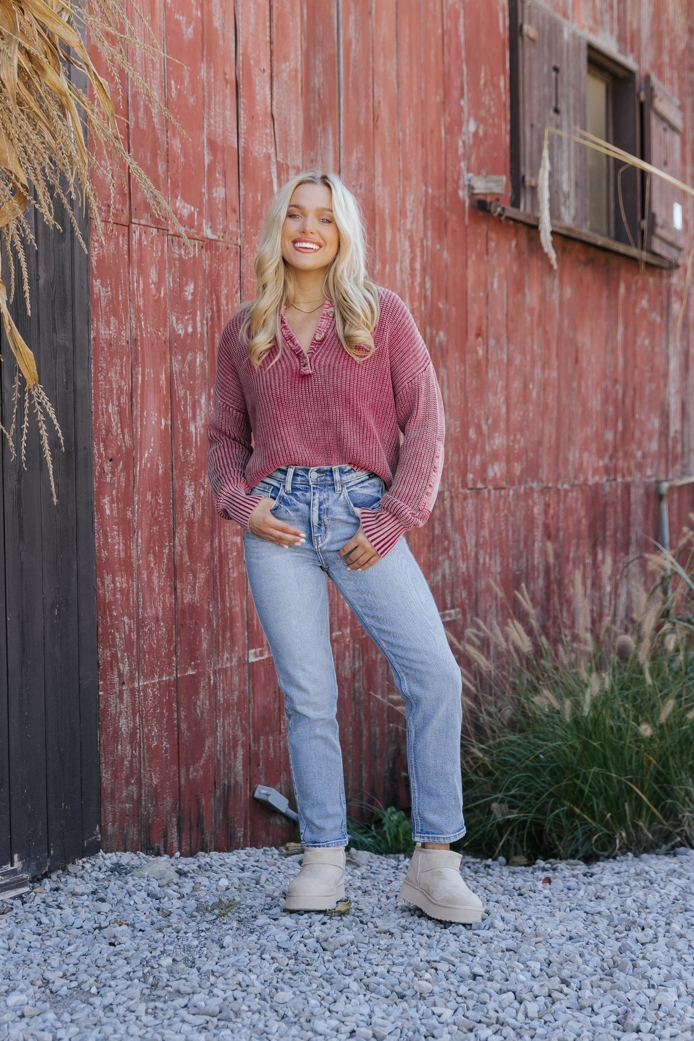 Burgundy Washed Henley Sweater - Magnolia Boutique