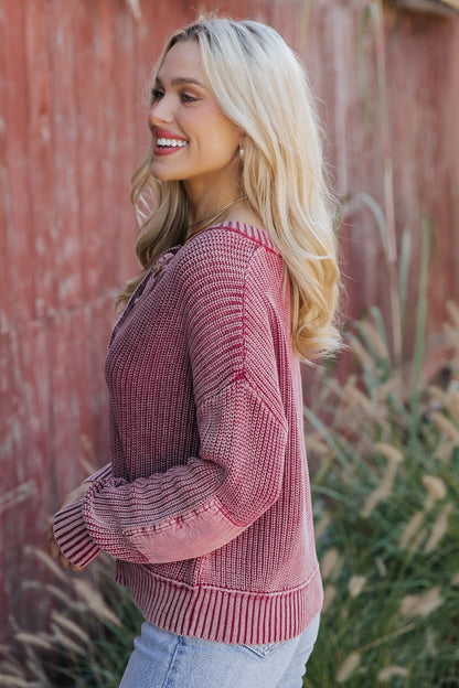 Burgundy Washed Henley Sweater - Magnolia Boutique