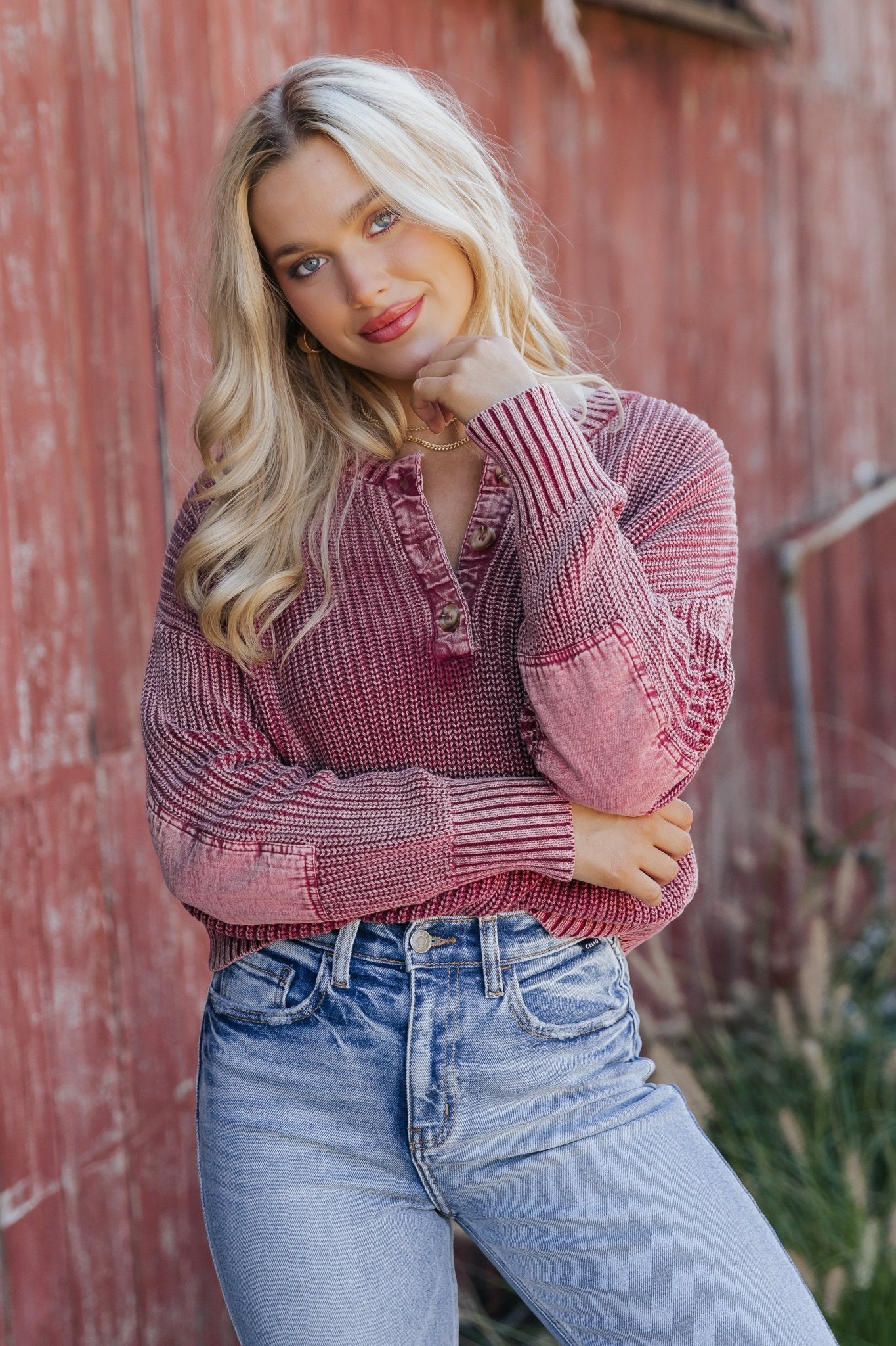 Burgundy Washed Henley Sweater - Magnolia Boutique