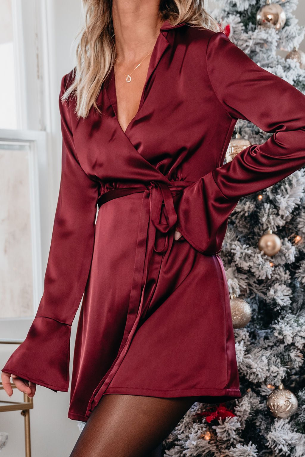 Burgundy Wrap Satin Mini Dress - Magnolia Boutique