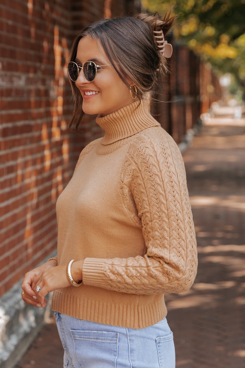 Camel Cable Knit Sleeve Turtleneck Sweater - Magnolia Boutique