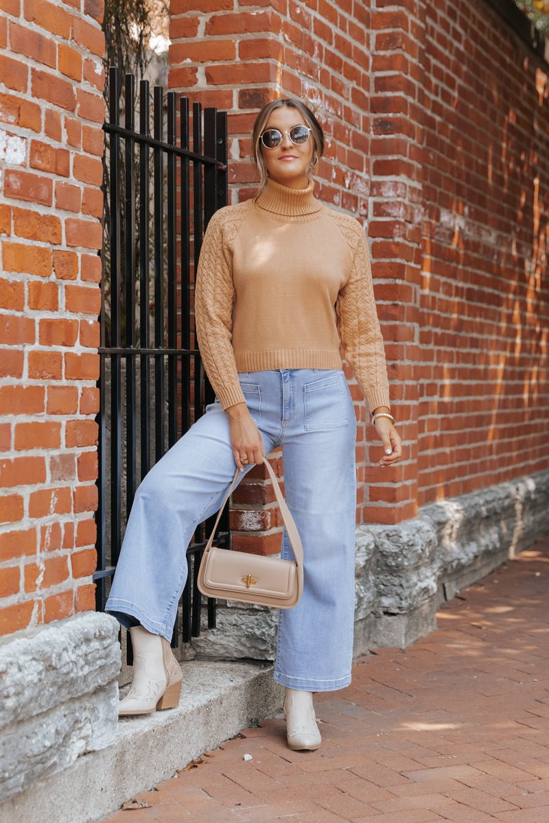 Camel Cable Knit Sleeve Turtleneck Sweater - Magnolia Boutique