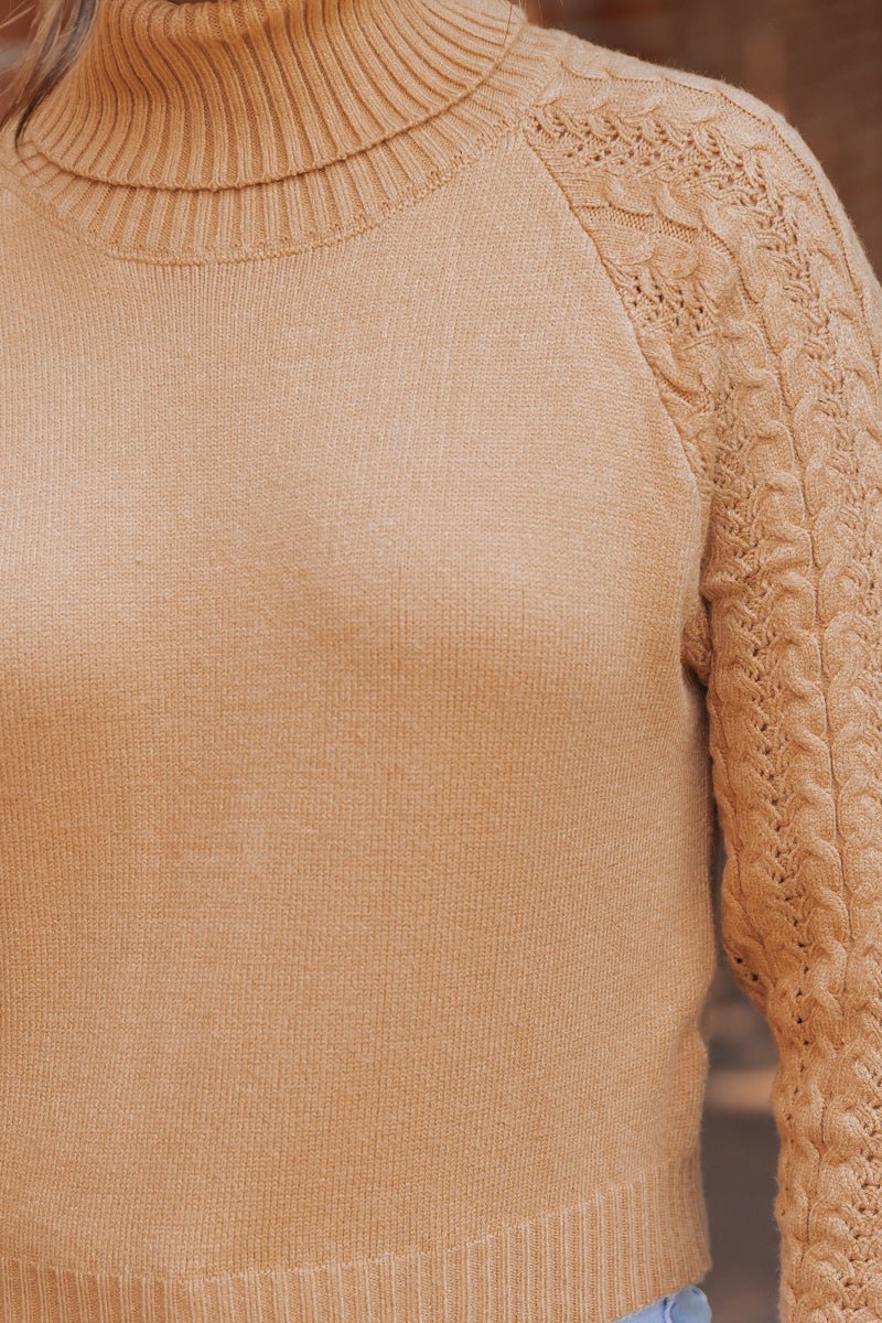 Camel Cable Knit Sleeve Turtleneck Sweater - Magnolia Boutique