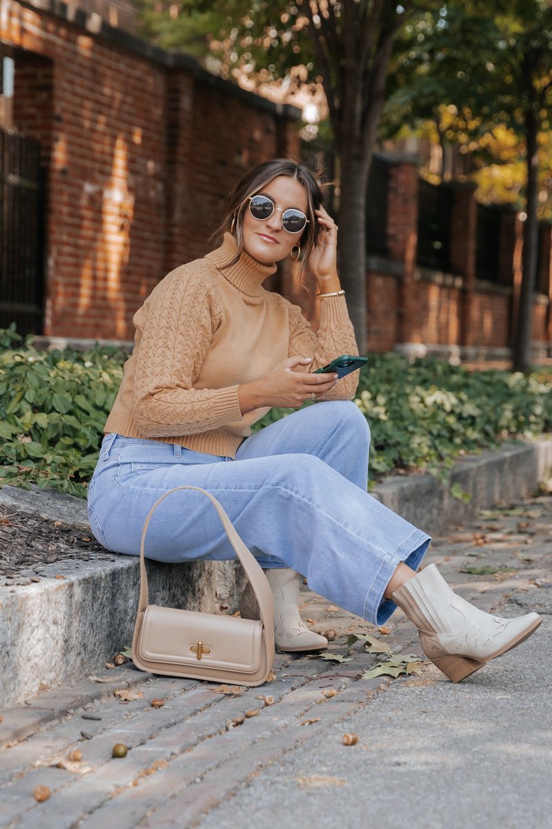 Camel Cable Knit Sleeve Turtleneck Sweater - Magnolia Boutique