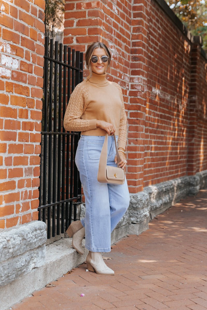 Camel Cable Knit Sleeve Turtleneck Sweater - Magnolia Boutique