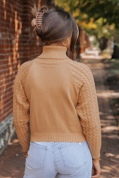 Camel Cable Knit Sleeve Turtleneck Sweater - Magnolia Boutique