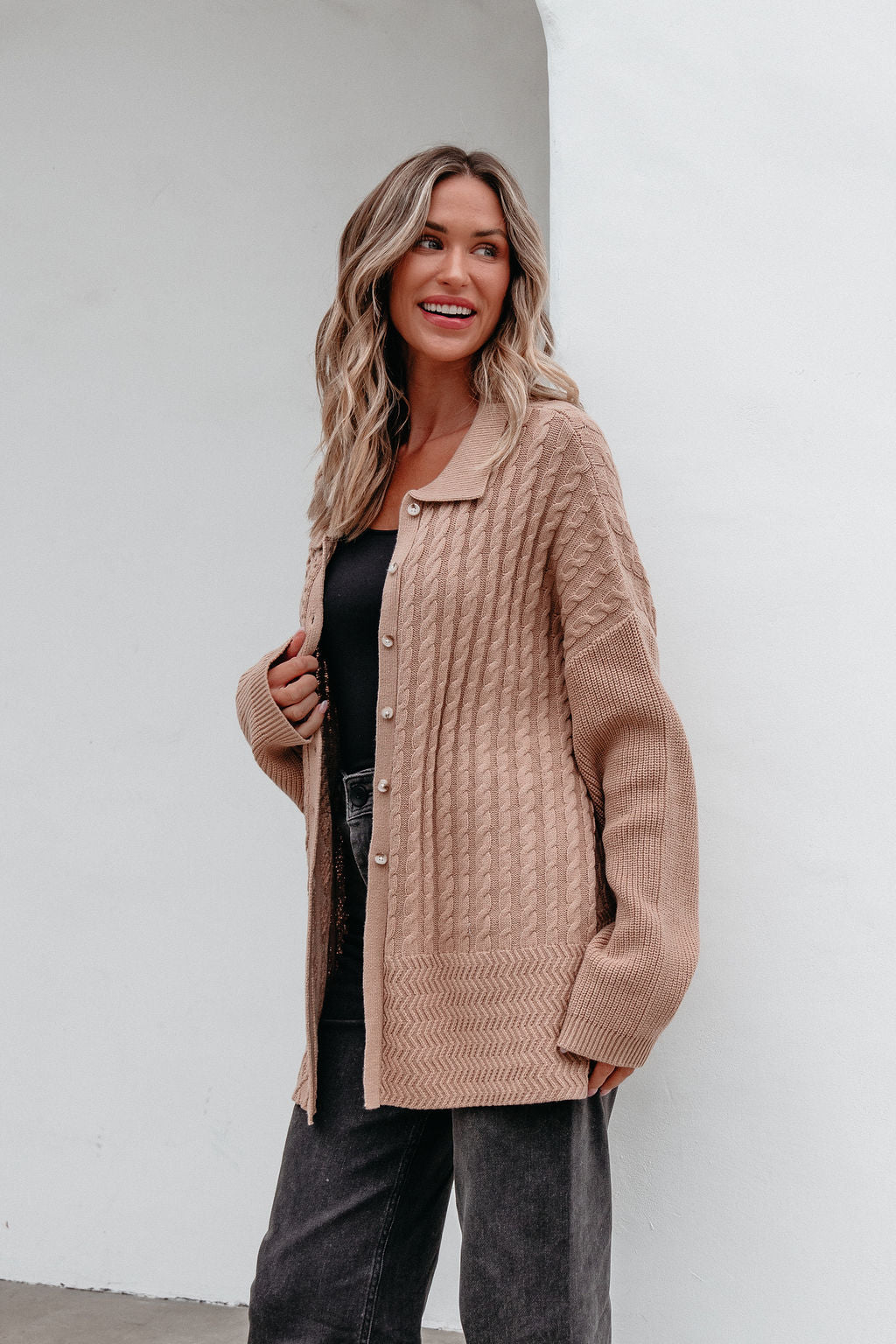 Camel Cable Knit Sweater Cardigan - Magnolia Boutique