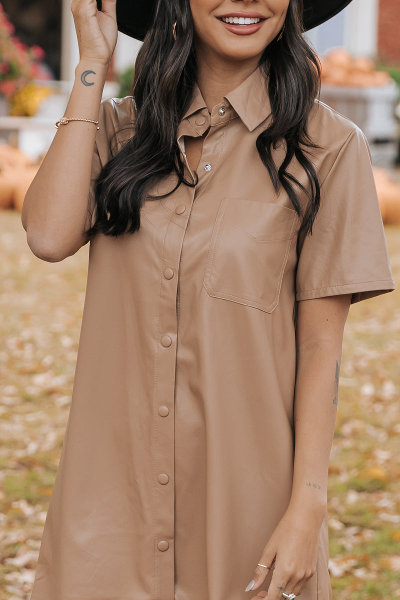 Short Sleeve Faux Leather Dress in Camel – The South Apparel