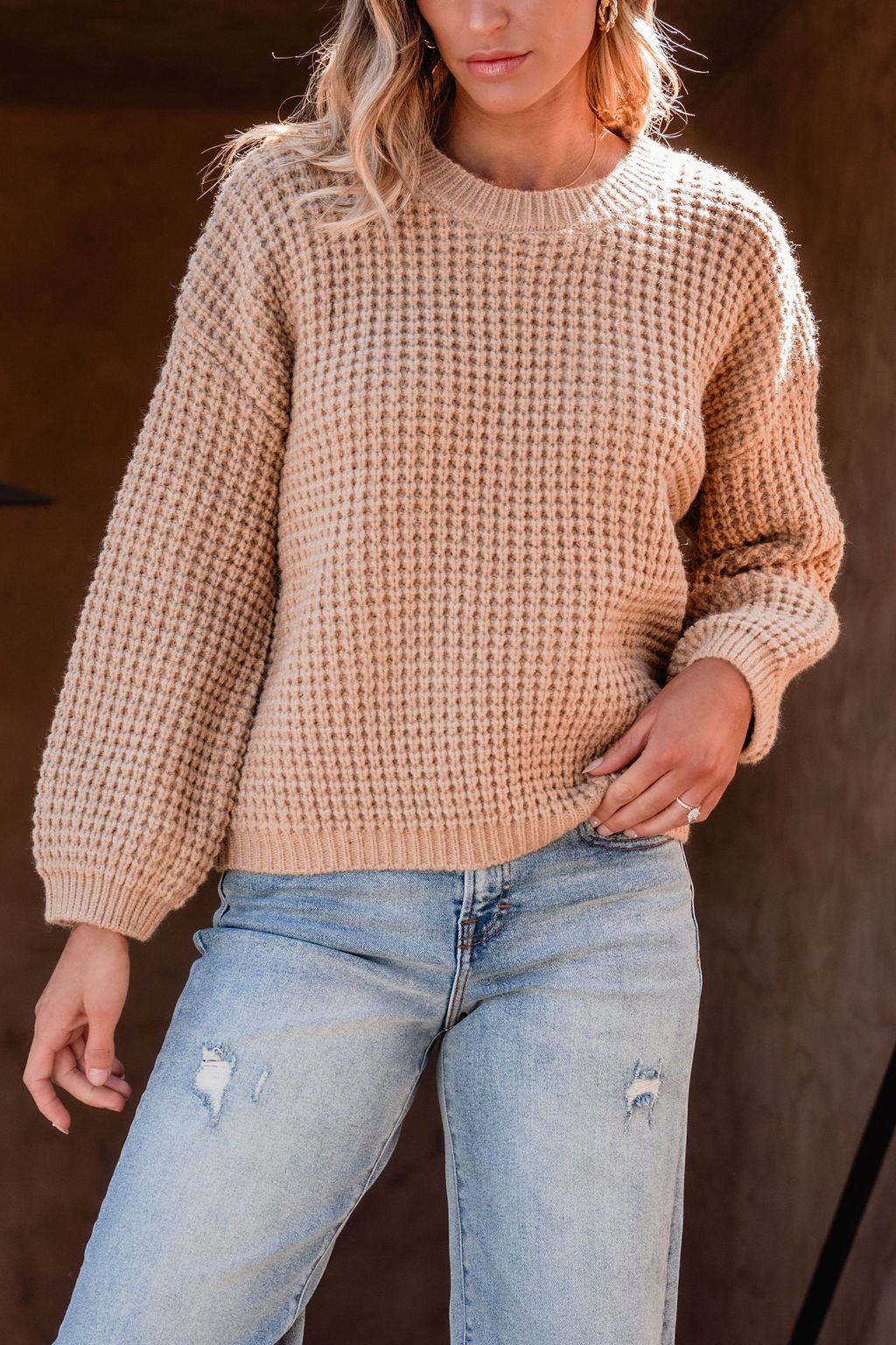 Camel Ribbed Waffle Knit Sweater - Magnolia Boutique