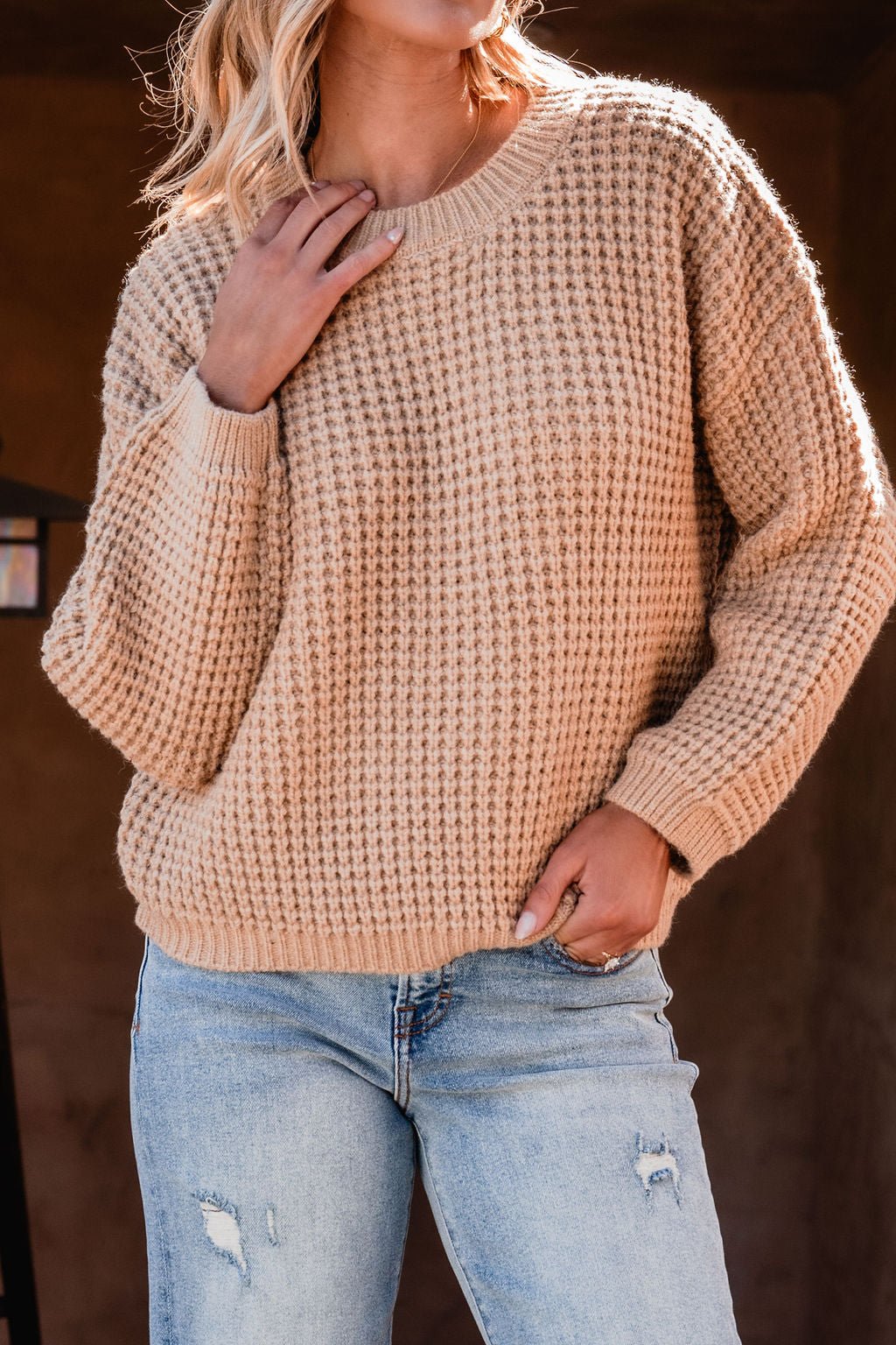 Camel Ribbed Waffle Knit Sweater - Magnolia Boutique