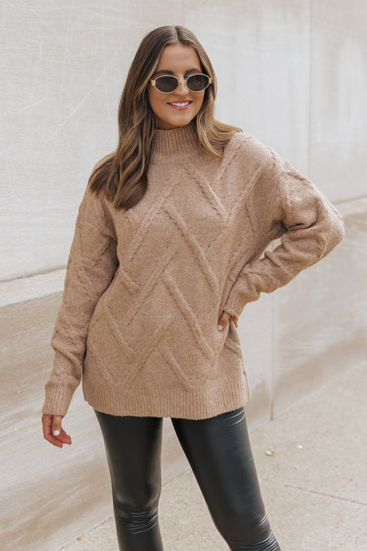 Camel Textured Mock Neck Sweater - Magnolia Boutique