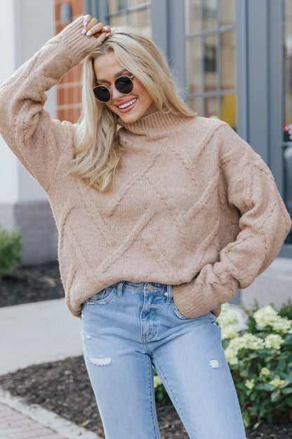 Camel Textured Mock Neck Sweater - Magnolia Boutique