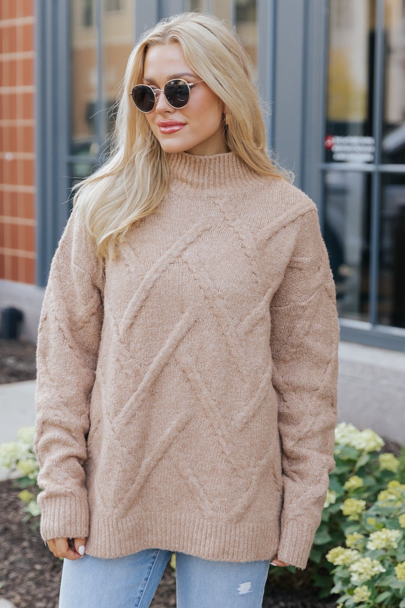 Camel Textured Mock Neck Sweater - Magnolia Boutique